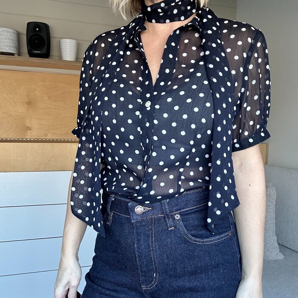 Polka Dot Sheer Blouse in navy and white